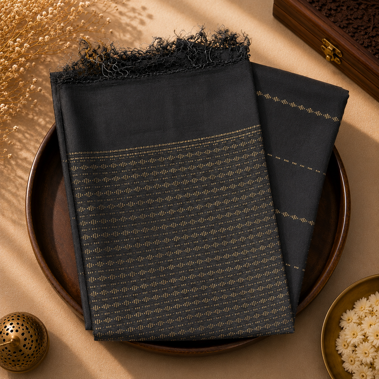 Slate Noir Pure Tussar Silk Saree – Charcoal Grey Handwoven Elegance