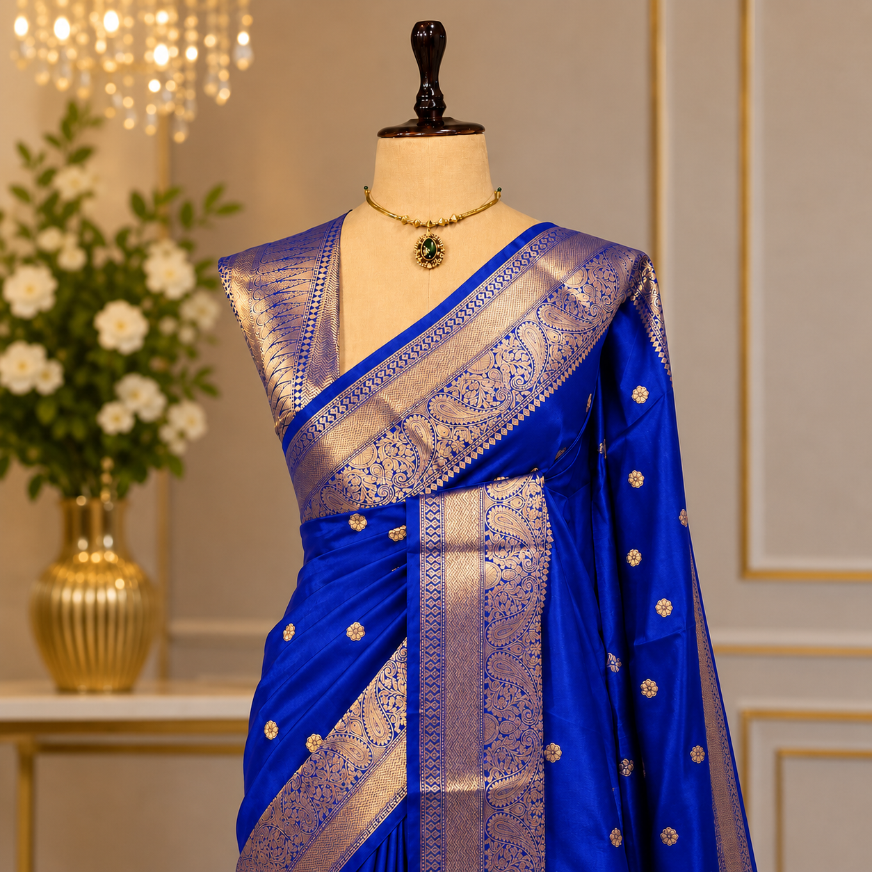 Royal Blue Semi Katan Silk Saree with Zari Border & Buti