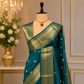 Teal Blue Semi Katan Silk Saree with Zari Border & Buti