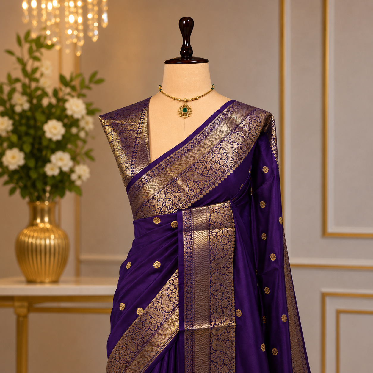 Royal Purple Semi Katan Silk Saree with Gold Zari Border & Buti