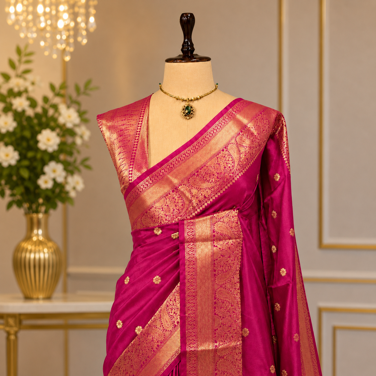 Rani Pink Semi Katan Silk Saree with Gold Zari Border & Buti