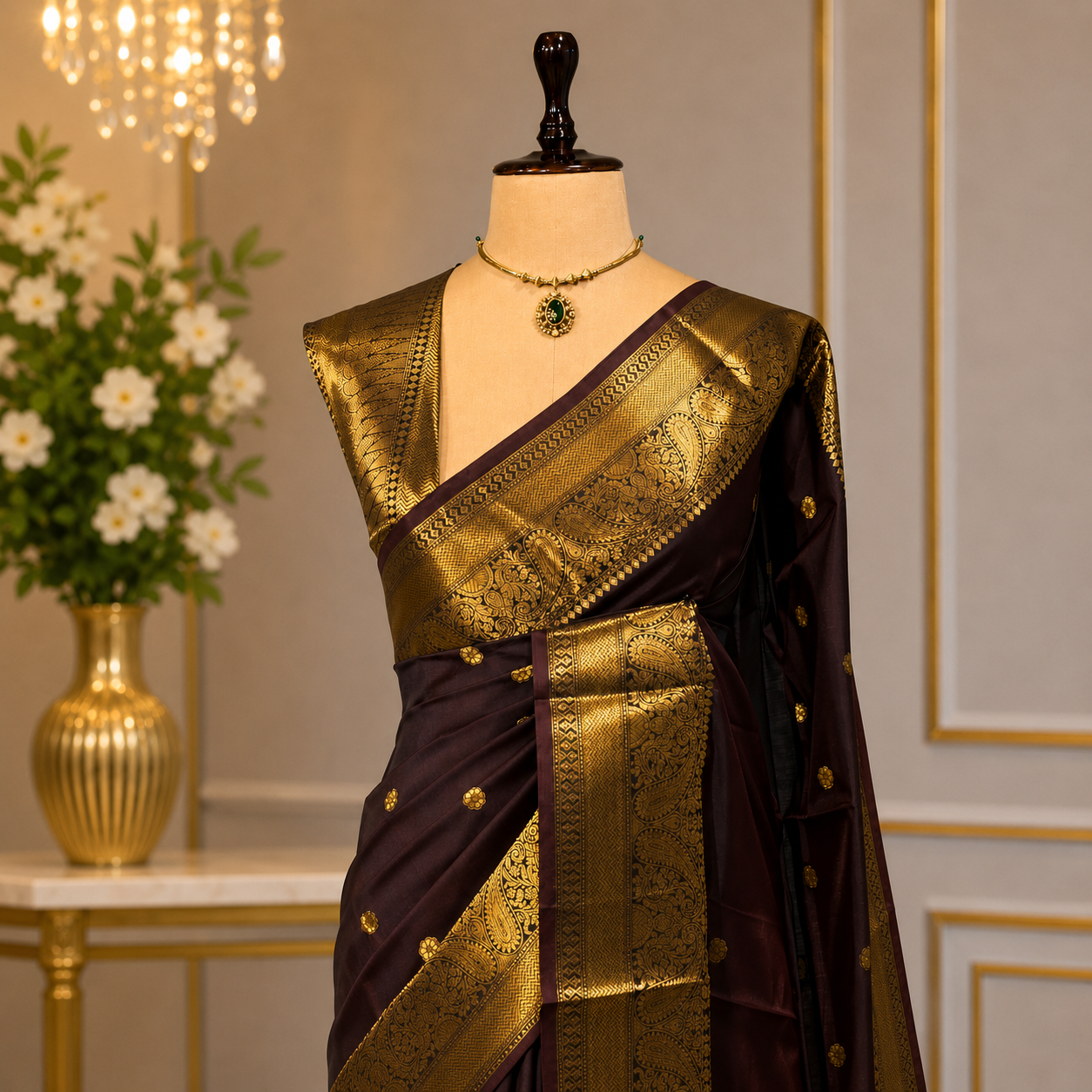 Coffee Brown Semi Katan Silk Saree with Rich Gold Zari Border & Buti