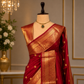Ruby Red Semi Katan Silk Saree with Rich Gold Zari Border & Buti