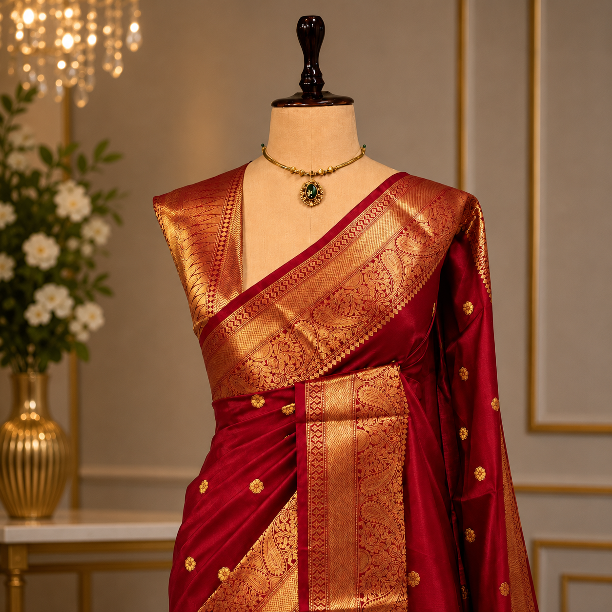 Ruby Red Semi Katan Silk Saree with Rich Gold Zari Border & Buti