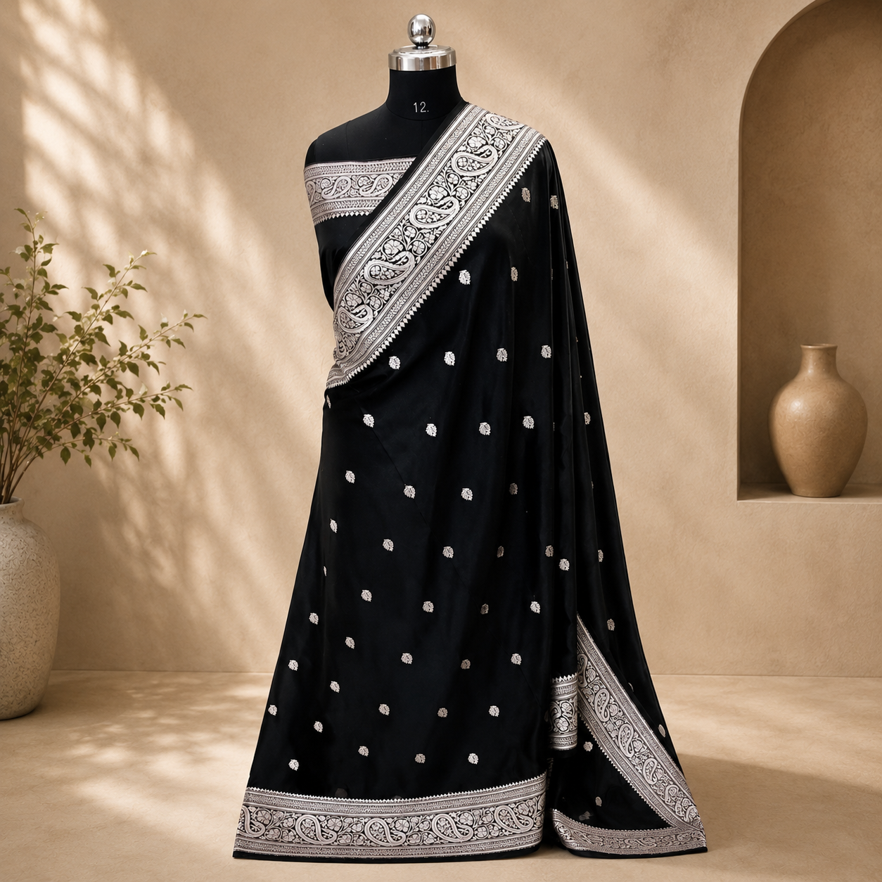 Midnight Black Mashru Silk Saree with Silver Zari Border & Buti