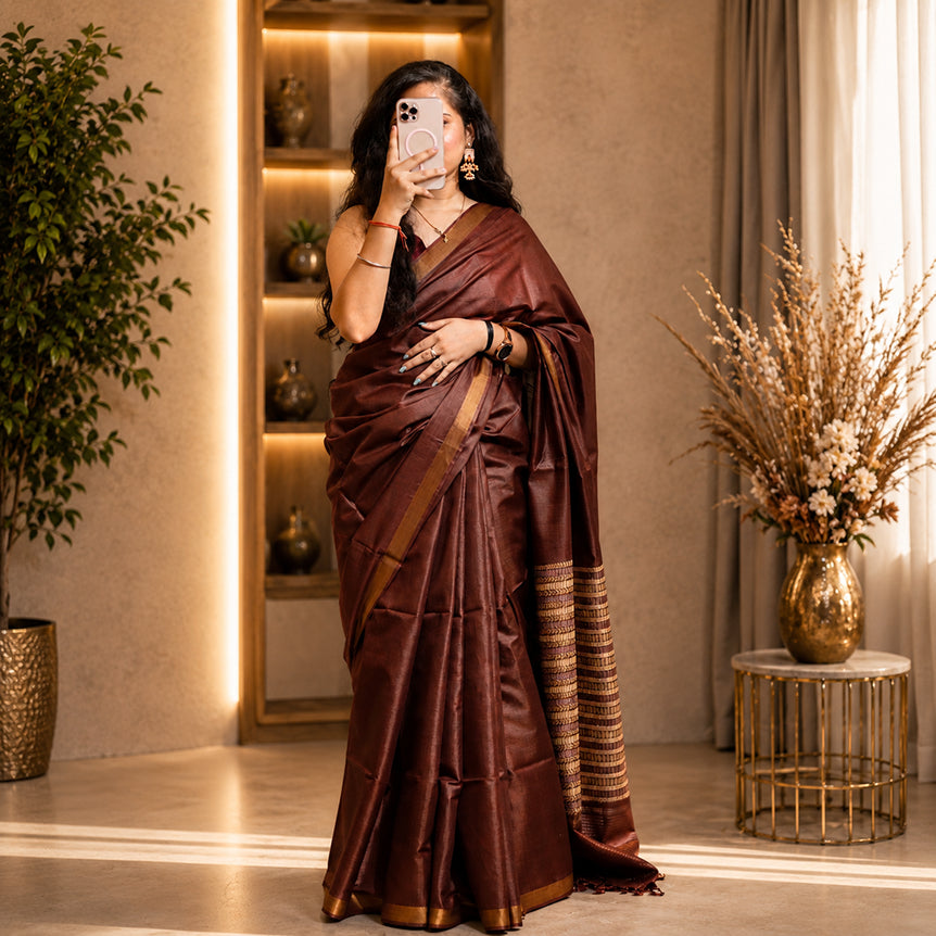 Cocoa Heritage Handwoven Kosa Silk Saree with Gold Striped Pallu