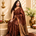 Cocoa Heritage Handwoven Kosa Silk Saree with Gold Striped Pallu