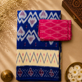Royal Blue Pochampally Ikkat Cotton Saree – Blue with Ivory Border & Magenta Blouse