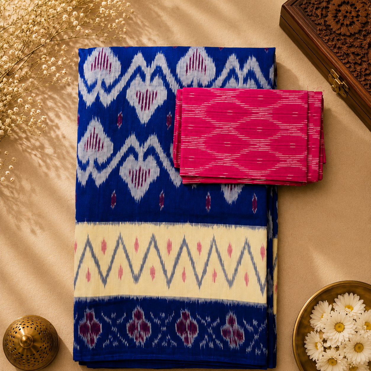 Royal Blue Pochampally Ikkat Cotton Saree – Blue with Ivory Border & Magenta Blouse