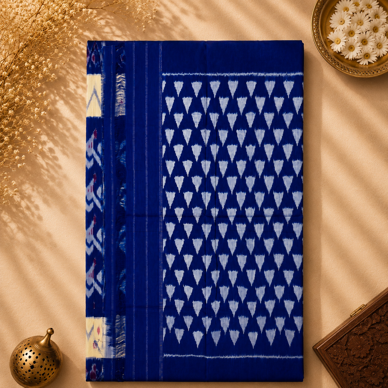 Royal Blue Pochampally Ikkat Cotton Saree – Blue with Ivory Border & Magenta Blouse