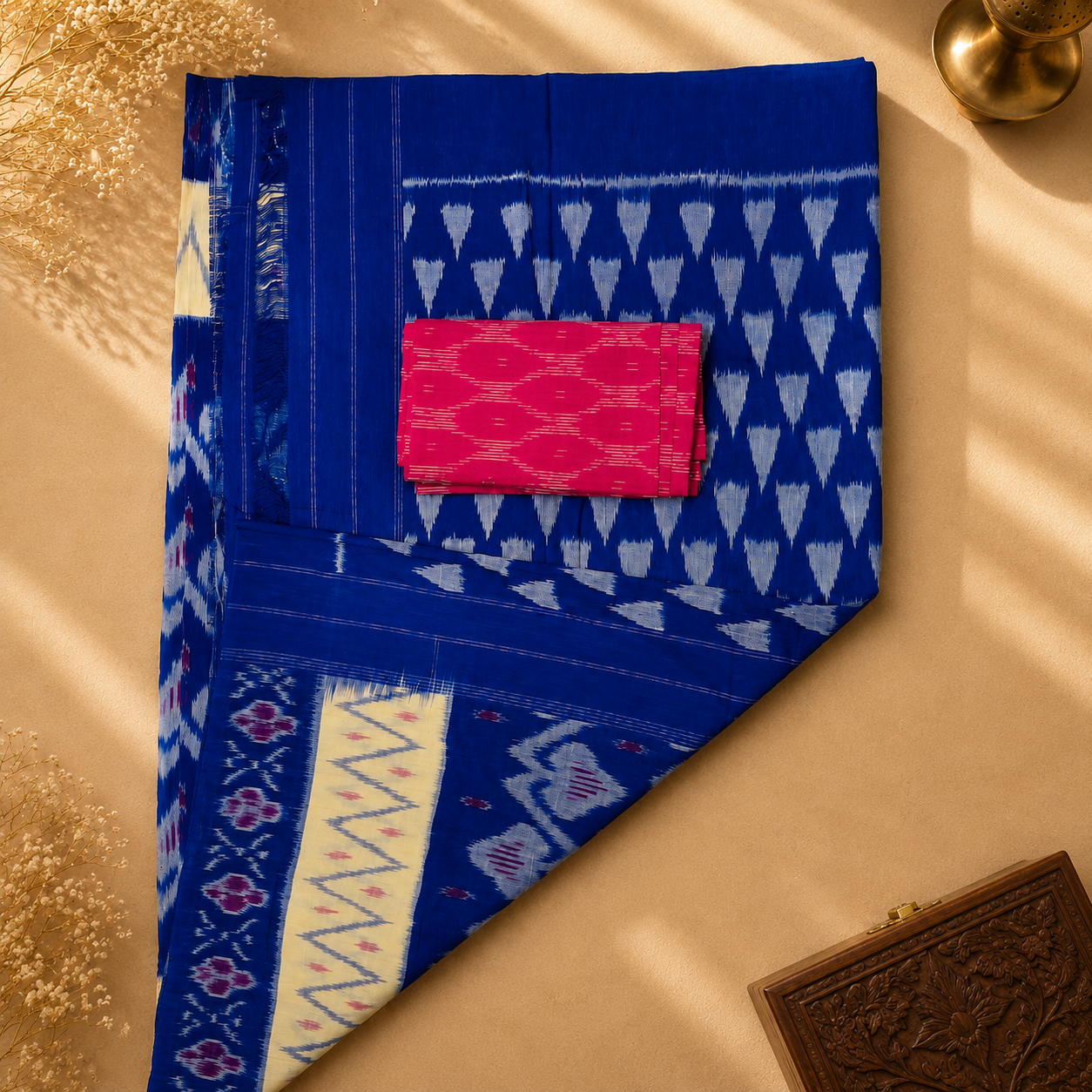 Royal Blue Pochampally Ikkat Cotton Saree – Blue with Ivory Border & Magenta Blouse