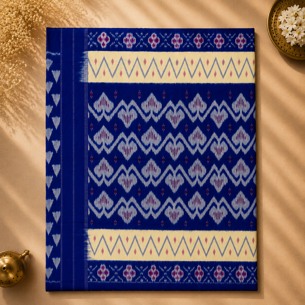 Royal Blue Pochampally Ikkat Cotton Saree – Blue with Ivory Border & Magenta Blouse