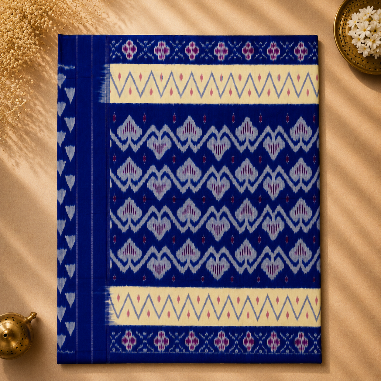 Royal Blue Pochampally Ikkat Cotton Saree – Blue with Ivory Border & Magenta Blouse