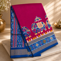 Royal Fuchsia Pure Pochampally Silk Saree – Fuchsia Pink with Royal Blue Elephant Motif Border