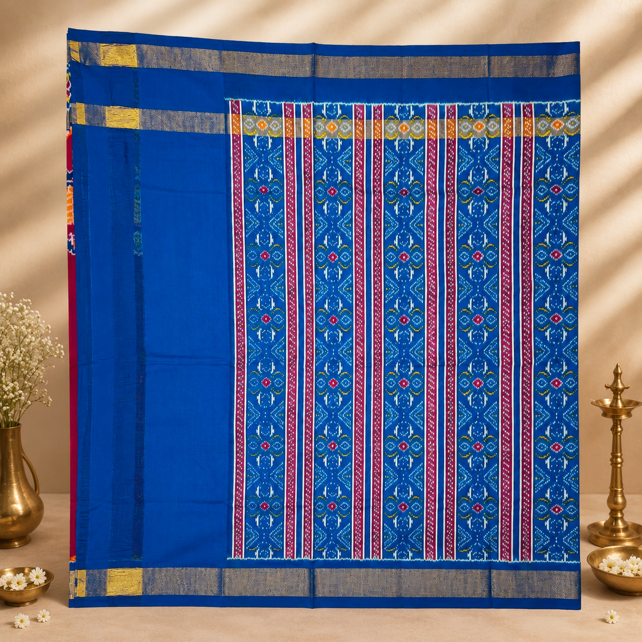 Royal Fuchsia Pure Pochampally Silk Saree – Fuchsia Pink with Royal Blue Elephant Motif Border