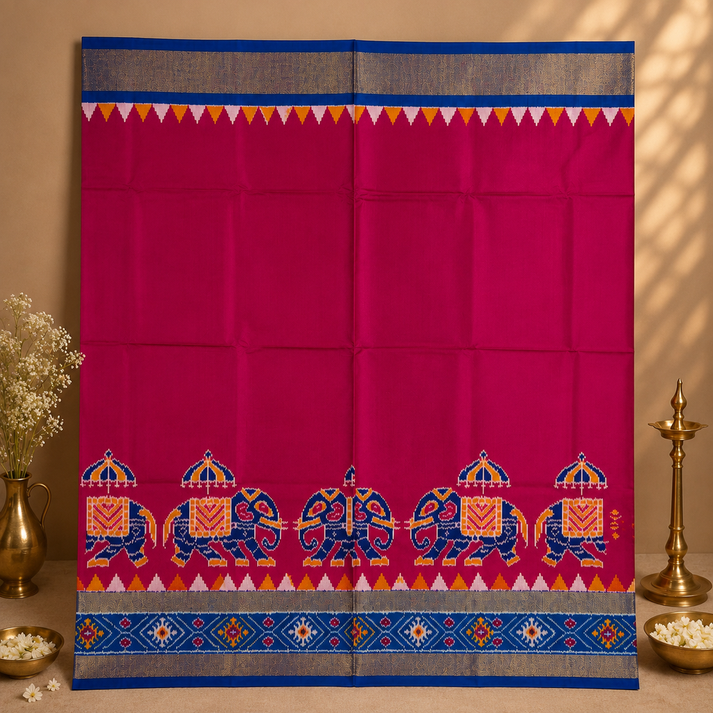 Royal Fuchsia Pure Pochampally Silk Saree – Fuchsia Pink with Royal Blue Elephant Motif Border