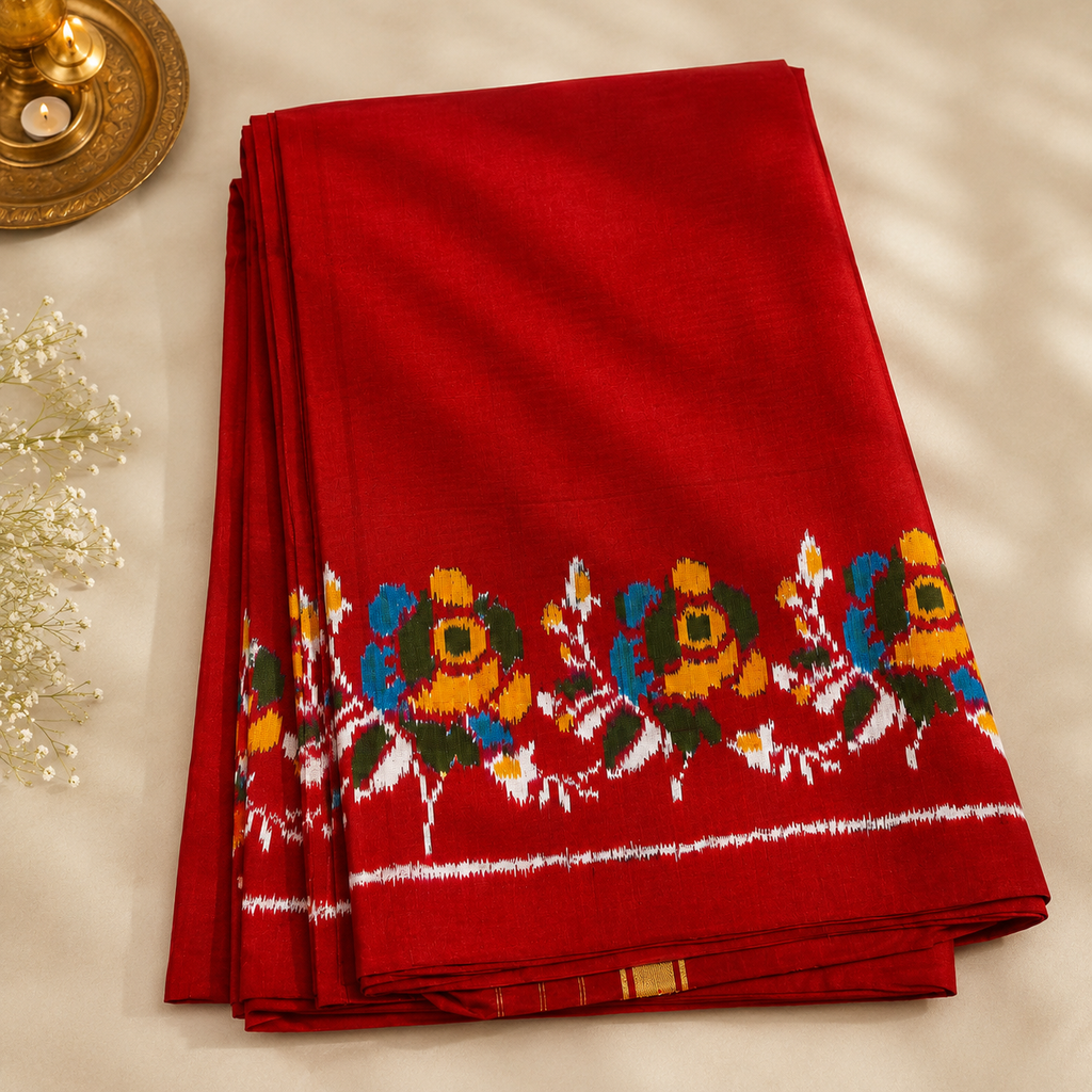 Crimson Heritage Pure Pochampally Silk Saree – Deep Red with Multicolour Floral Ikat Border
