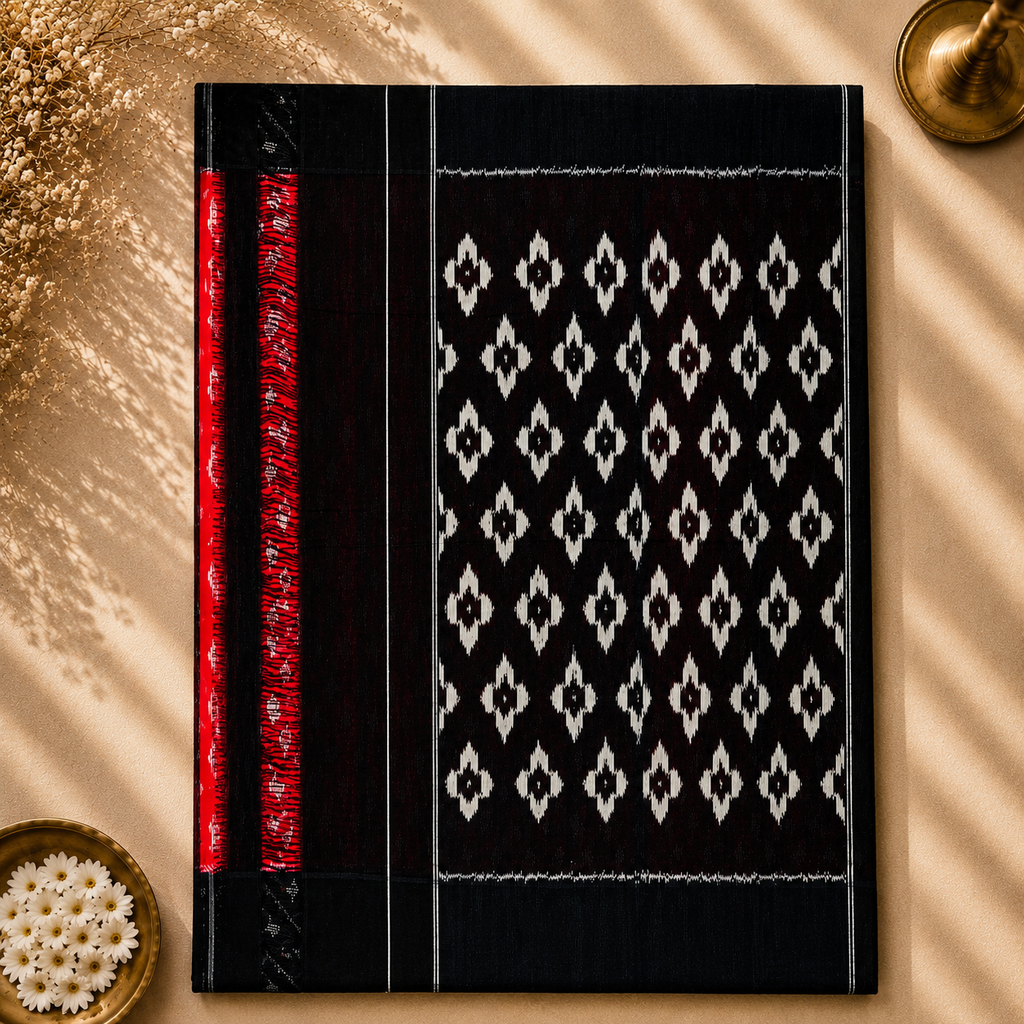 Crimson Red Pochampally Ikkat Cotton Saree – Red with Black Contrast Border