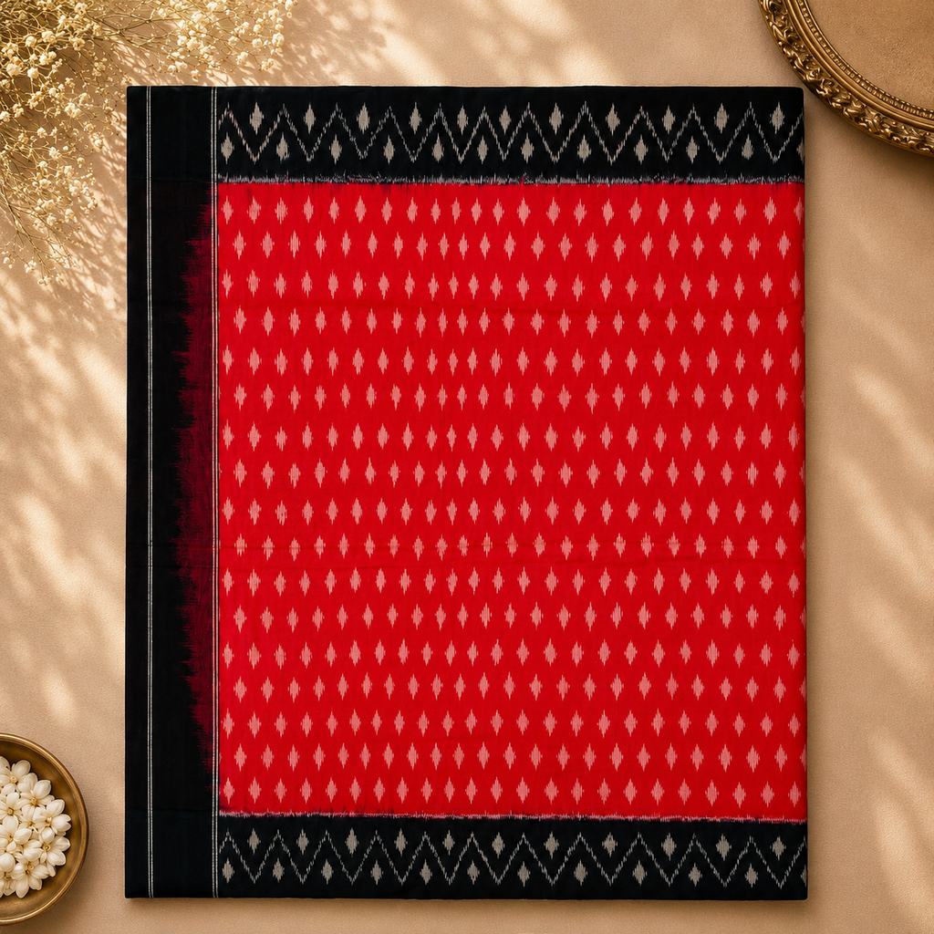 Crimson Red Pochampally Ikkat Cotton Saree – Red with Black Contrast Border