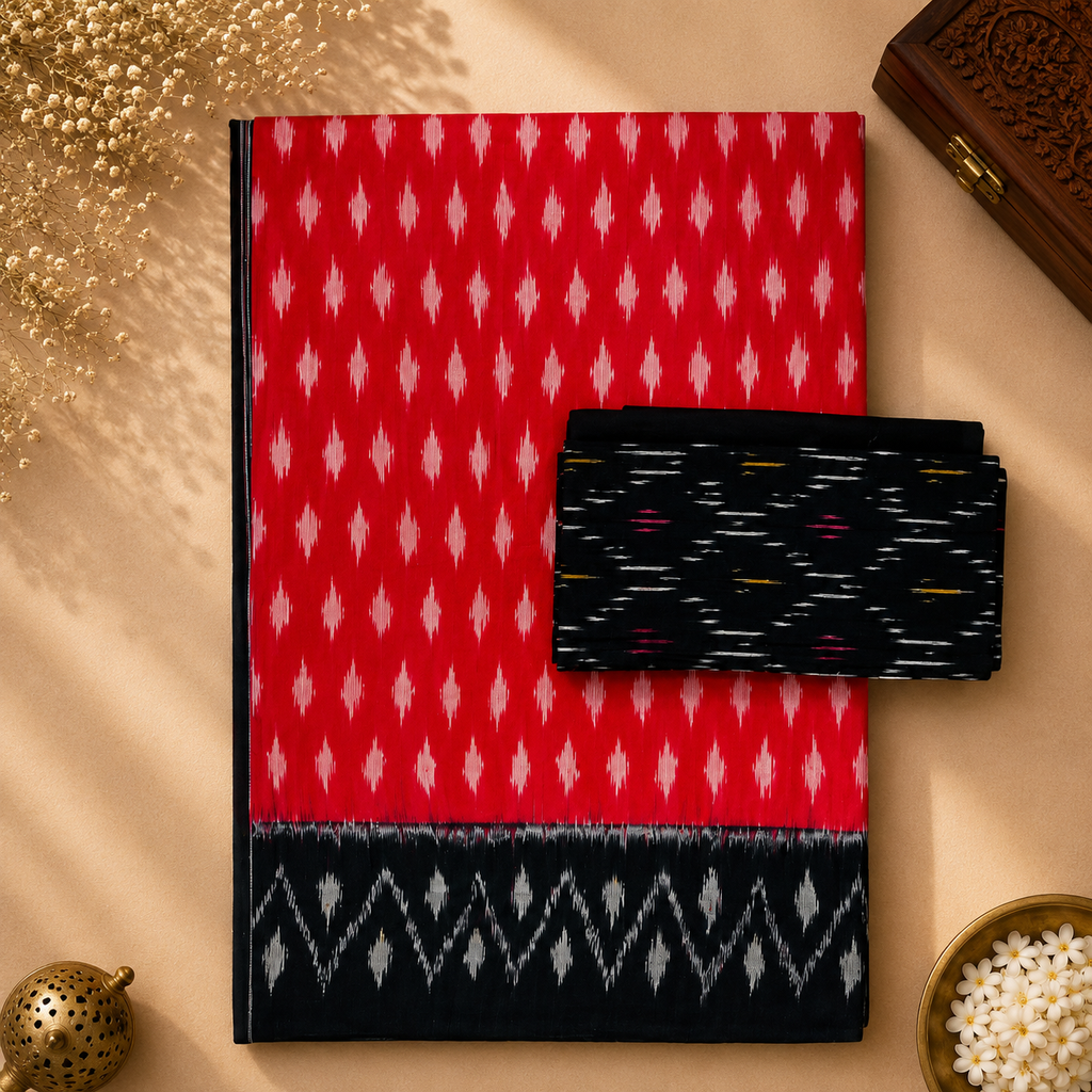 Crimson Red Pochampally Ikkat Cotton Saree – Red with Black Contrast Border