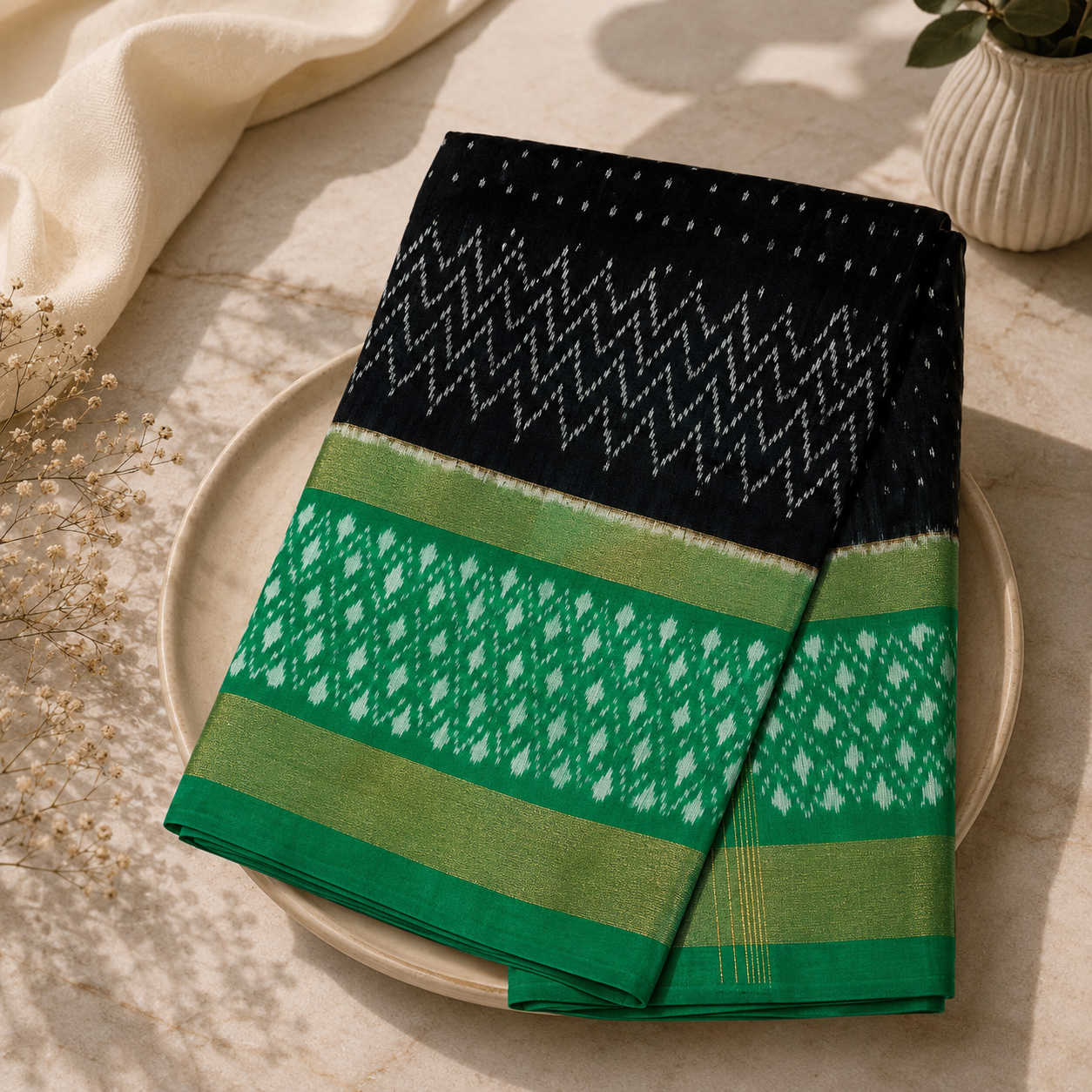 Emerald Grace Pure Pochampally Silk Saree – Pista Green & Black with Gold Zari Border