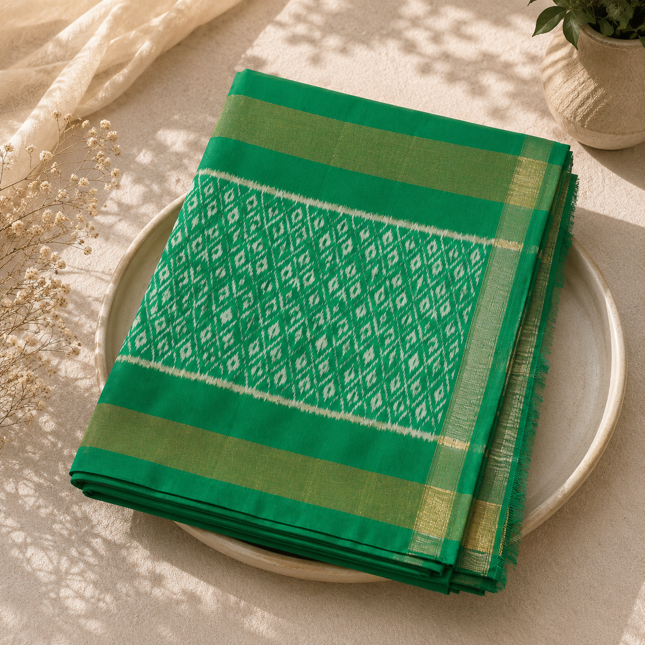 Emerald Grace Pure Pochampally Silk Saree – Pista Green & Black with Gold Zari Border