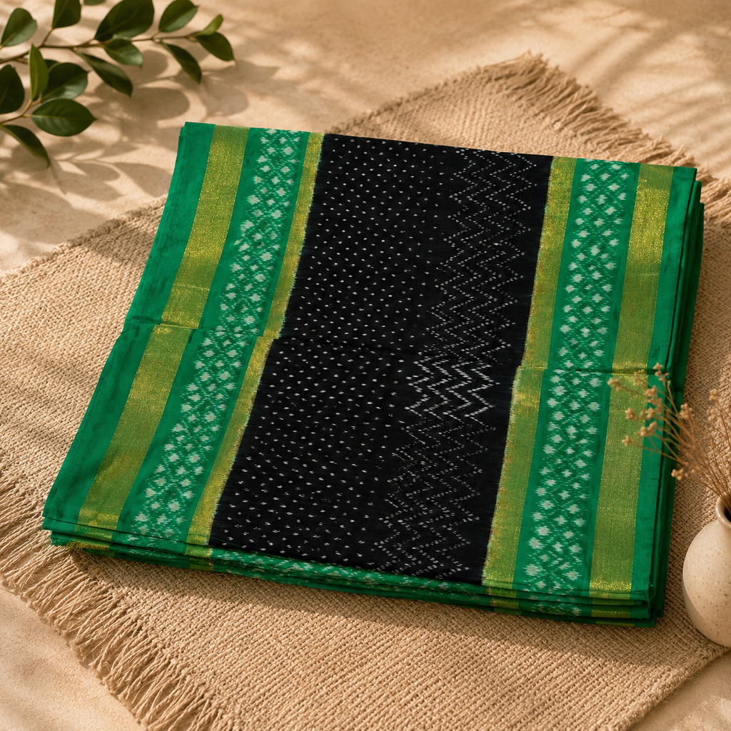 Emerald Grace Pure Pochampally Silk Saree – Pista Green & Black with Gold Zari Border