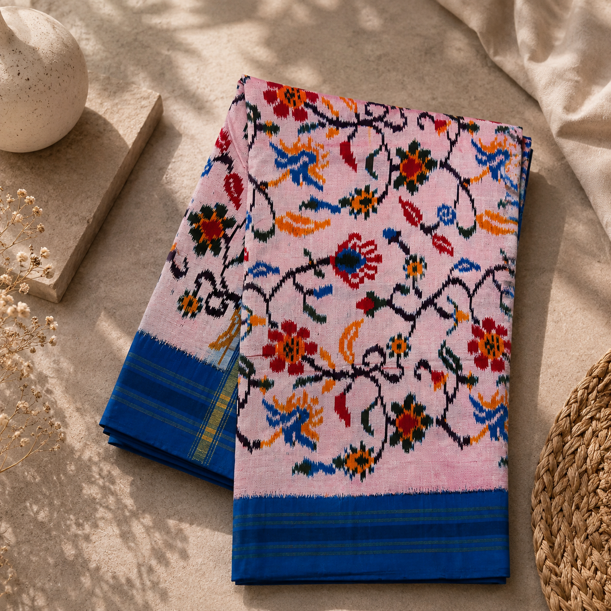 Blush Bloom Pure Pochampally Silk Saree – Blush Pink with Royal Blue Border & Floral Ikat Art